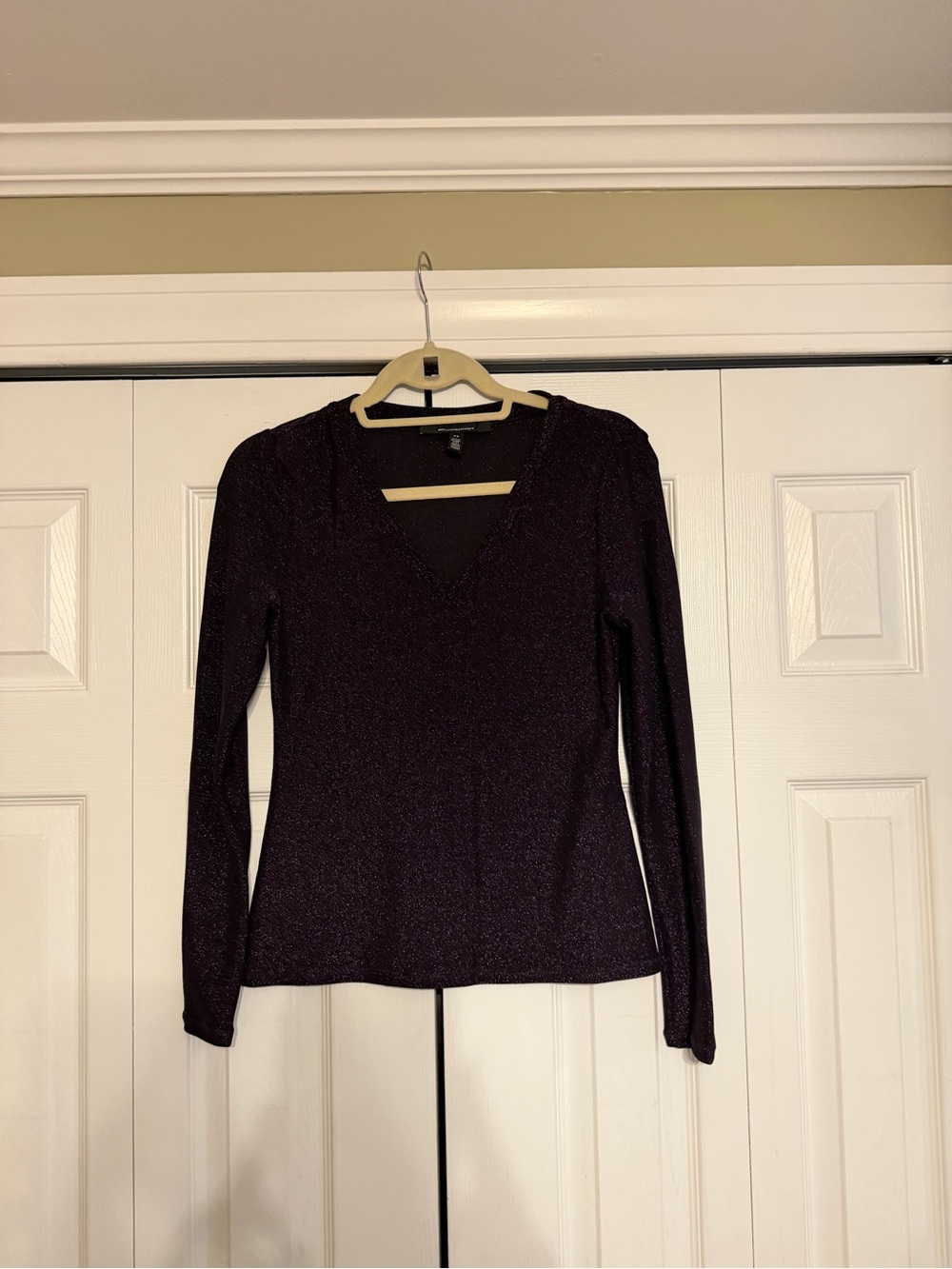 White House Black Market Metallic Plum V-Neck Long Sleeve Top